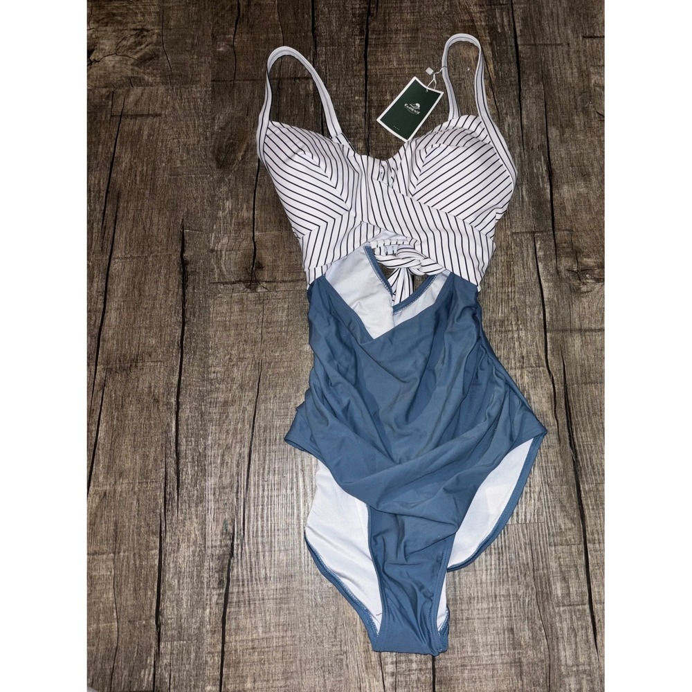 NWT EOMENIE Striped Tie Front One Piece Swimsuit Blue White‎ M